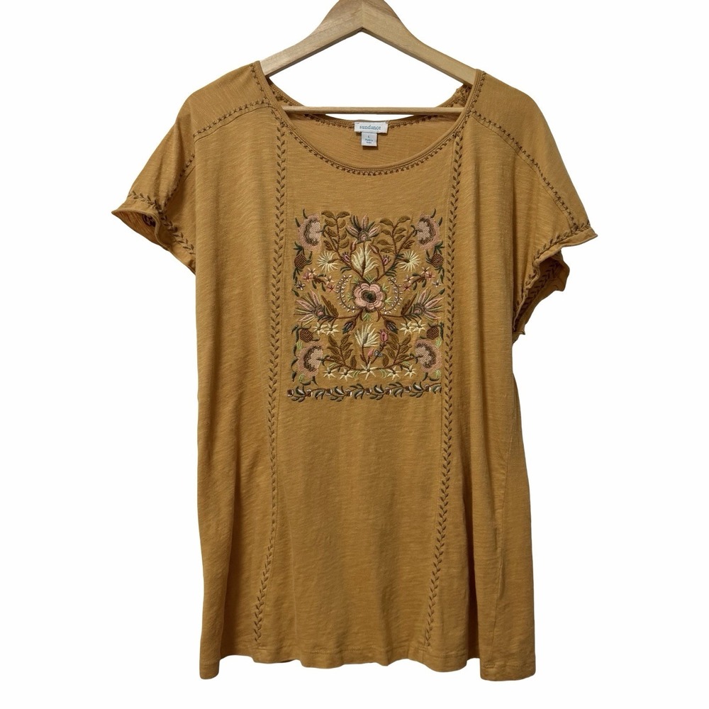 Sundance Women Floral Embroidered T Shirt Size L Mustard Yellow Boho Cottagecore